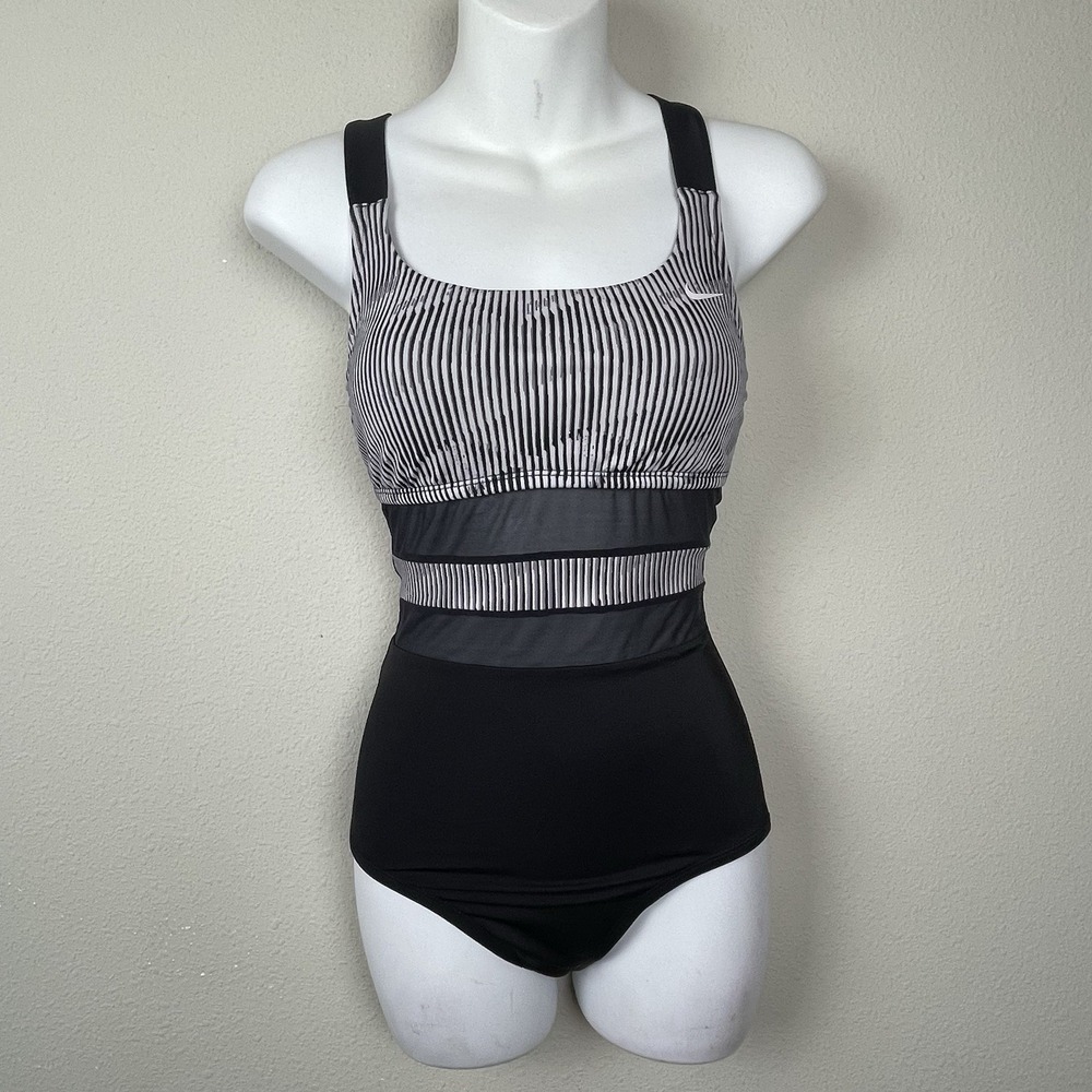 Nike S‎ Black Striped One Piece Swimsuit Mesh Cutout Open Back Athletic Minimal